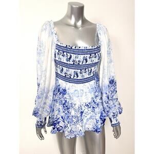 Camilla Silk Blouse Puff Sleeve Blue Floral Women’s Medium